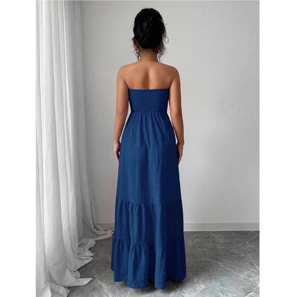 Strapless Maxi Dress Long Blue Shirred Top Flared - Picture 6 of 8